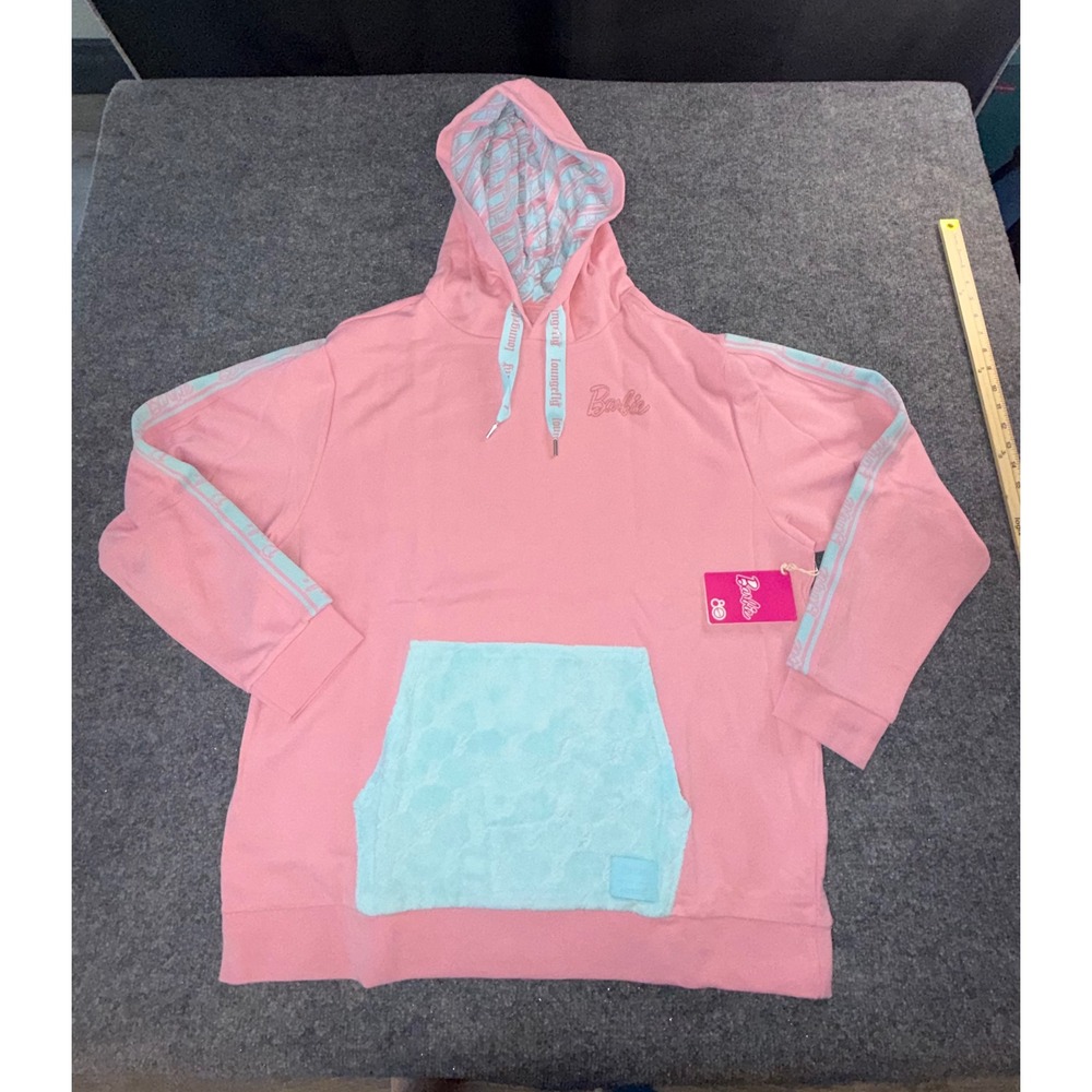 Loungefly Barbie Pink Hoodie Blue Plush Pocket Embroidered Pullover NWT Womens L